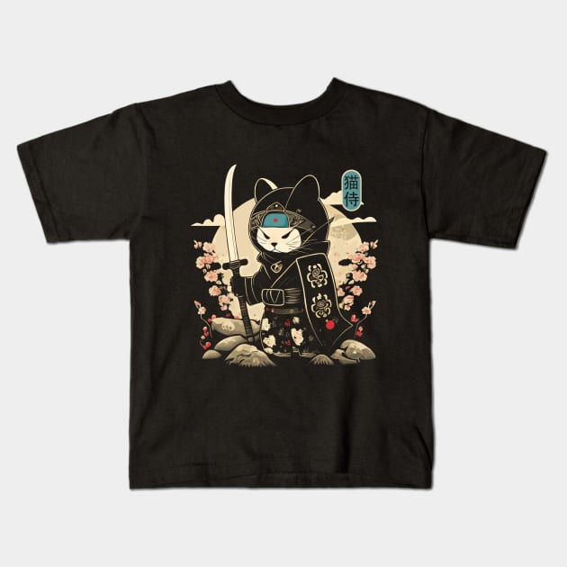 Japanese Samurai Cat Tattoo, Kawaii Ninja Cat Kids T-Shirt by Apocatnipse Meow